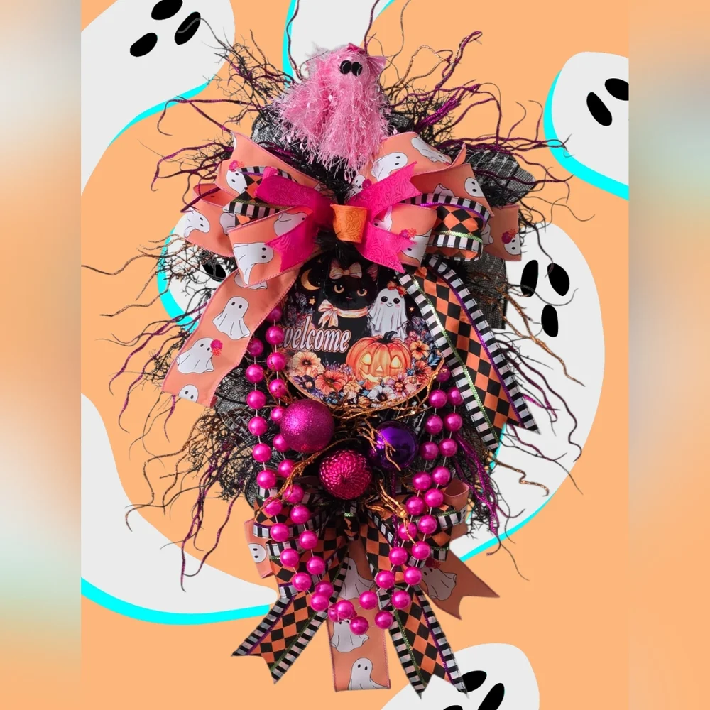 Halloween Whimsical Pink Ghost Wreath Swag